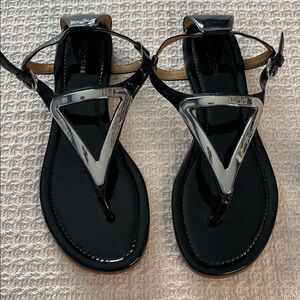 Coach Chailey Sandals, black patent leather w shiny silver trim, sz 8, Euro 38,